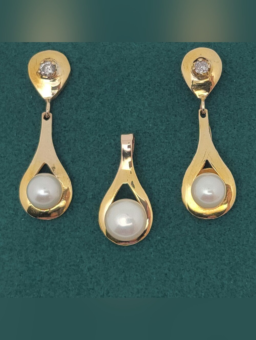 Vintage 14k Gold Akoya Pearl Diamond Teardrop Dangle Earrings & Pendant Set